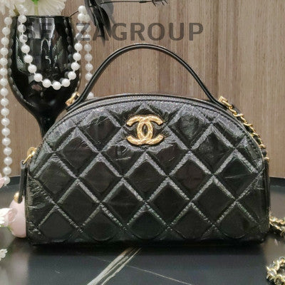 Chanel Bowling Quilted Chain Shoulder Bag Black Gold Classic Women's