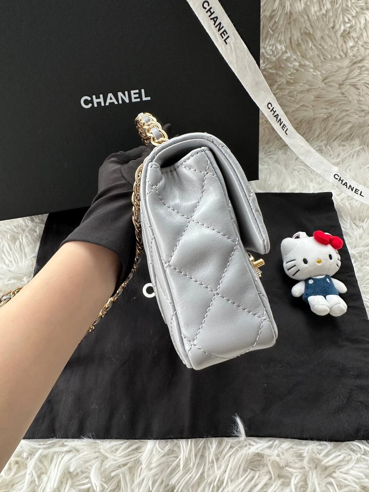 Authentic CHANEL Grey Lambskin Square CF Bag For Women