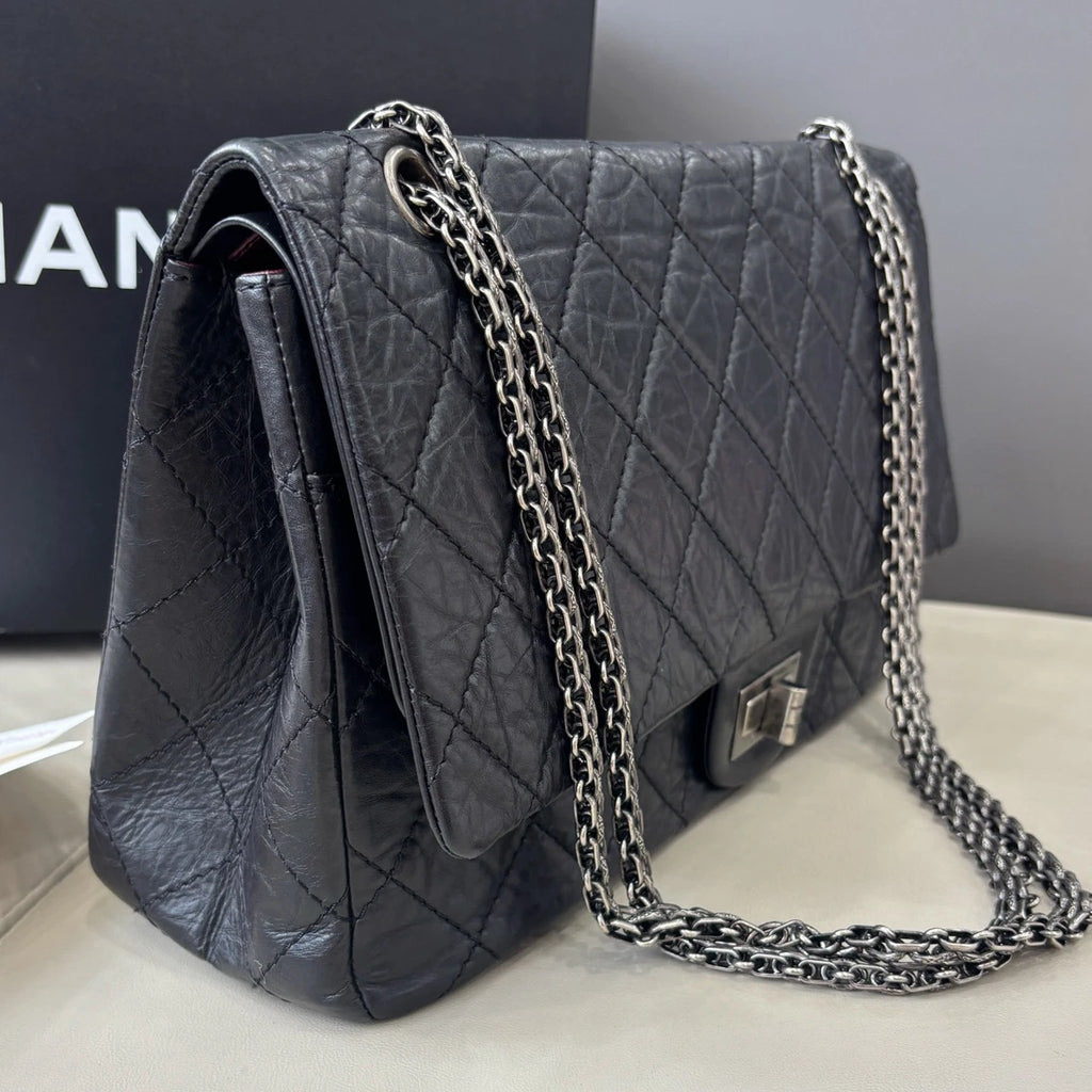 Authentic Chanel 2.55 Maxi Black Quilted Flap Chain Silver Hardware Excellent
