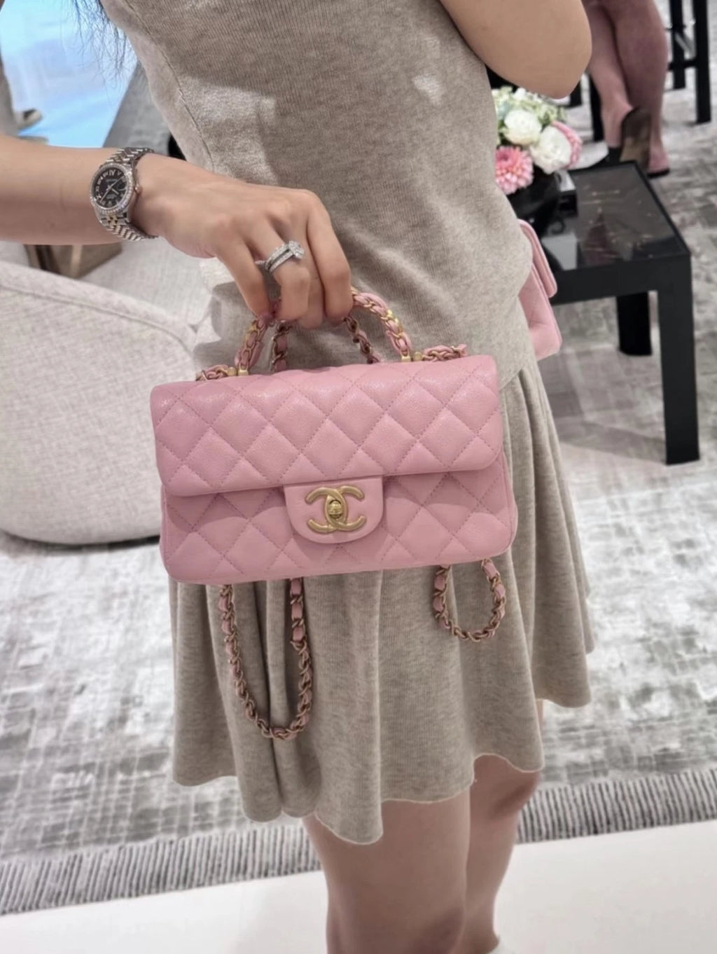 New CHANEL CF Mini Pink Leather Top Handle Shoulder Bag For Women