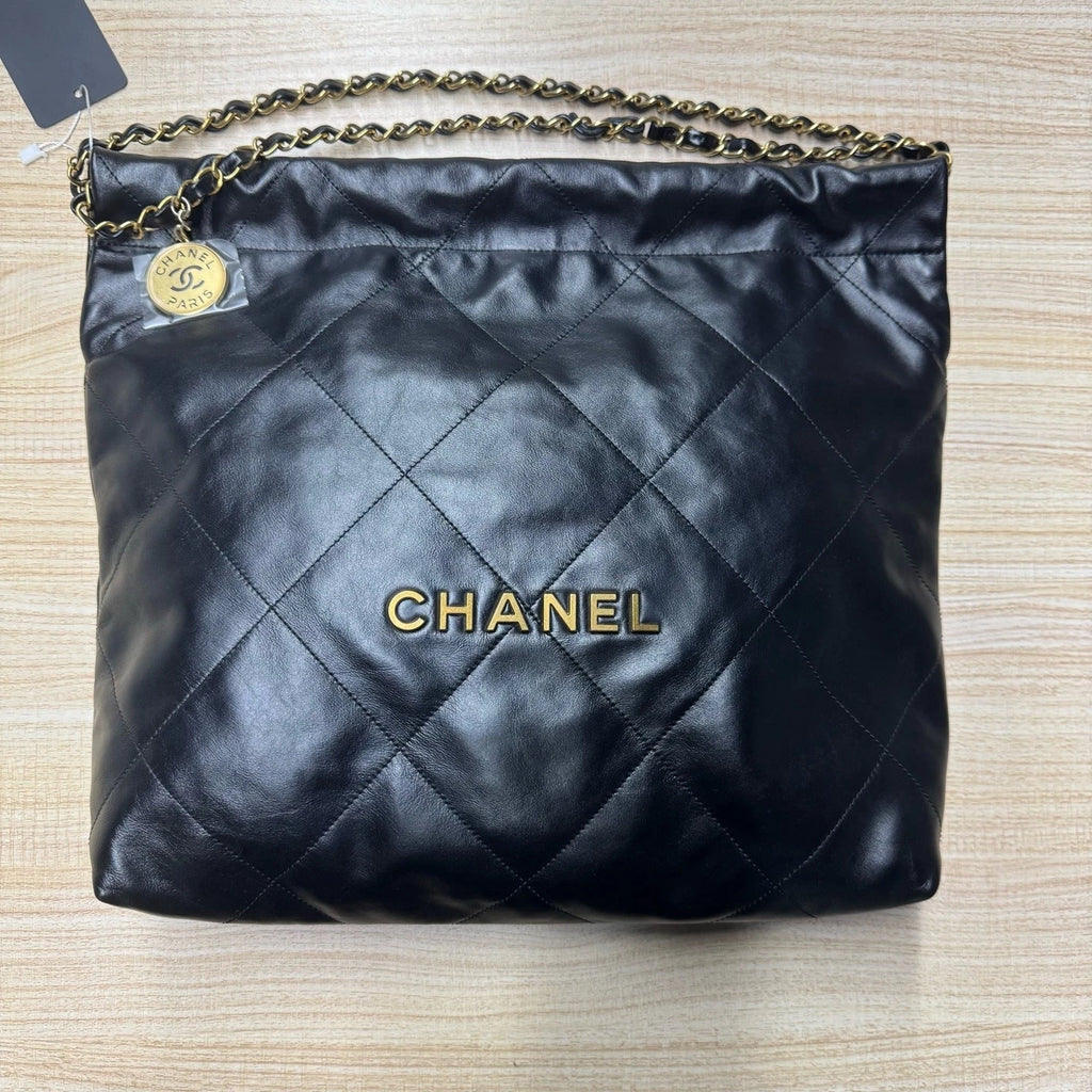 Authentic CHANEL Calfskin 22 Black Gold Medium Tote Bag For Women