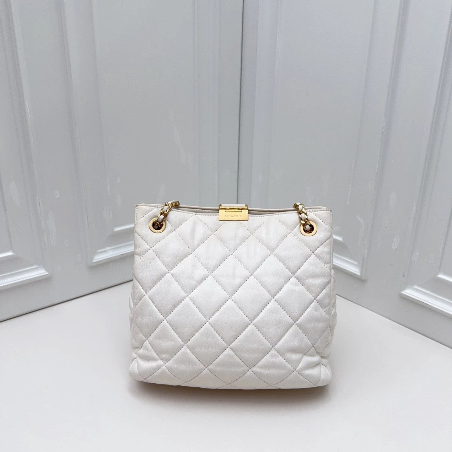 Chanel Quilted Lambskin Small Bucket Bag Shoulder Bag White with Enamel CC Logo