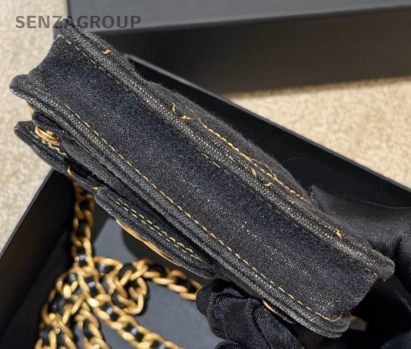 Chanel Diamond Mini Denim Chain Shoulder Bag Crossbody Black Gold Women Classic