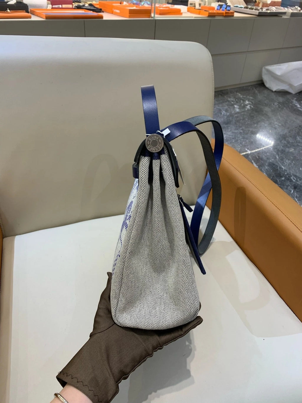 Hermes Herbag31 Canvas Tote Bag For Women Ink Blue Silver