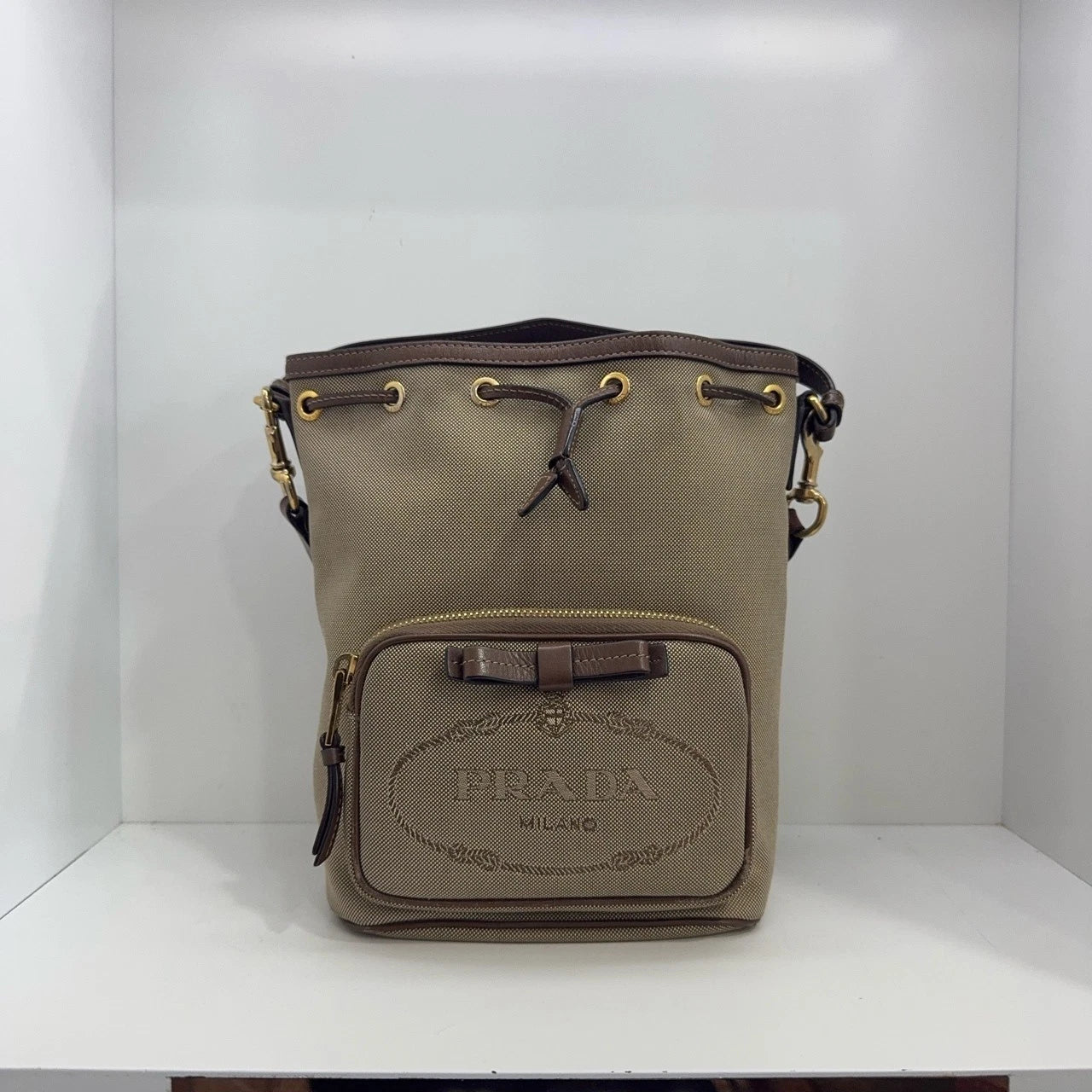 PRADA Canvas Leather Drawstring Bucket Shoulder Crossbody Bag For Women