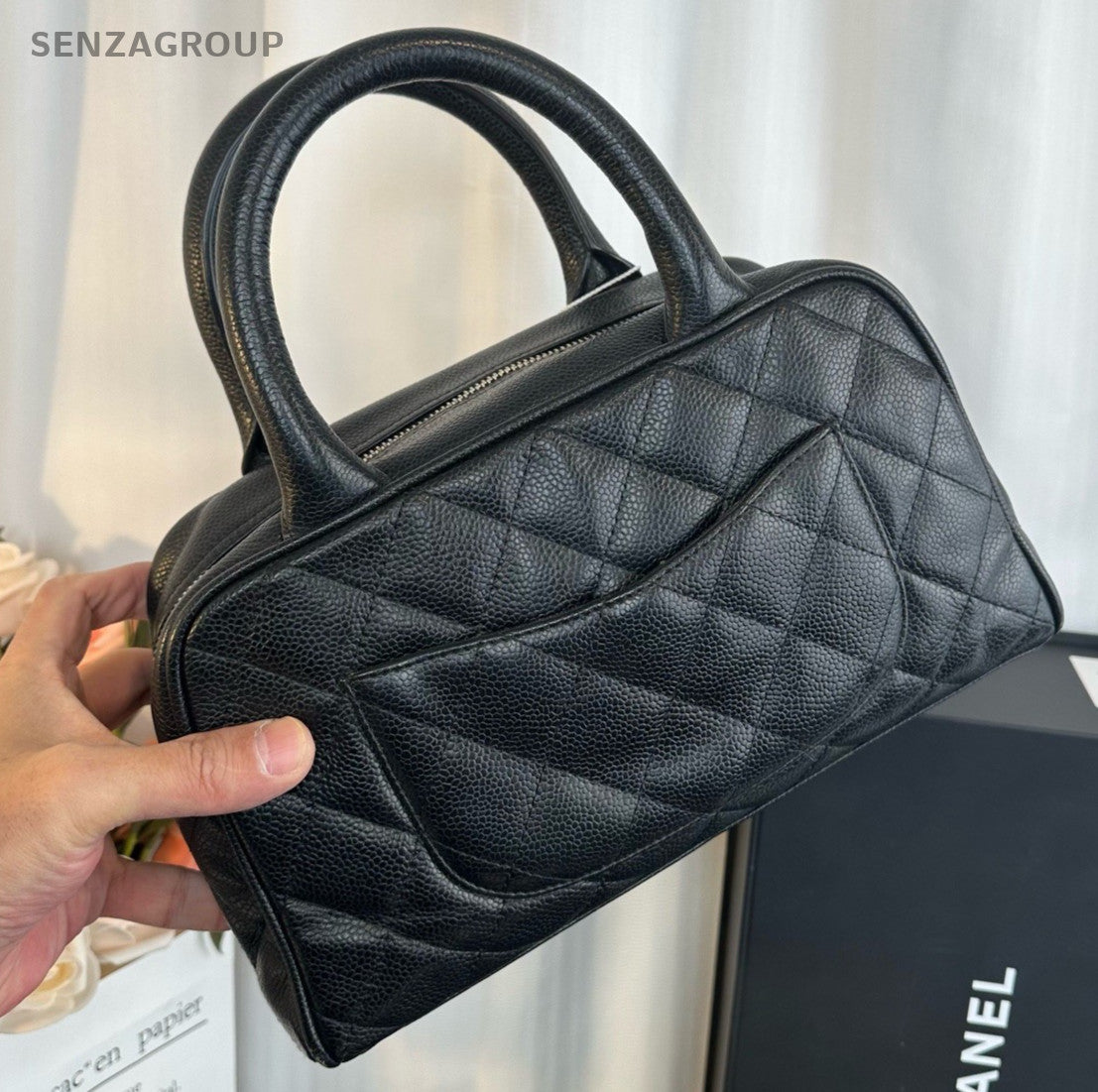 Chanel Bolide PM CC Logo Top Handle Bag Black Gold Used Women Classic Diamond