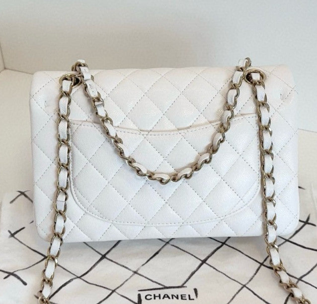 Chanel Classic Flap MM Calfskin Chain Shoulder Bag White Gold Women Fashion