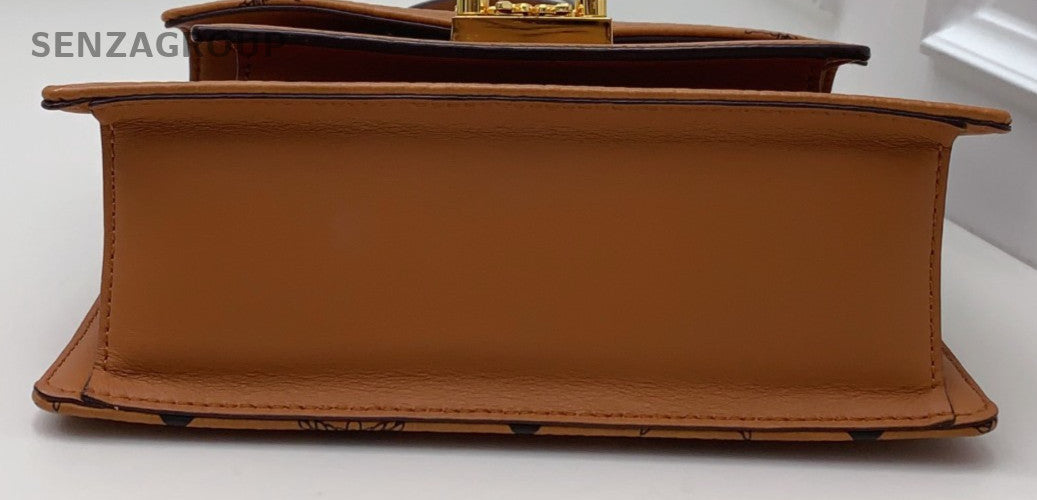 Mcm PM Top Handle Bag Shoulder Bag Crossbody Brown Gold Women Classic