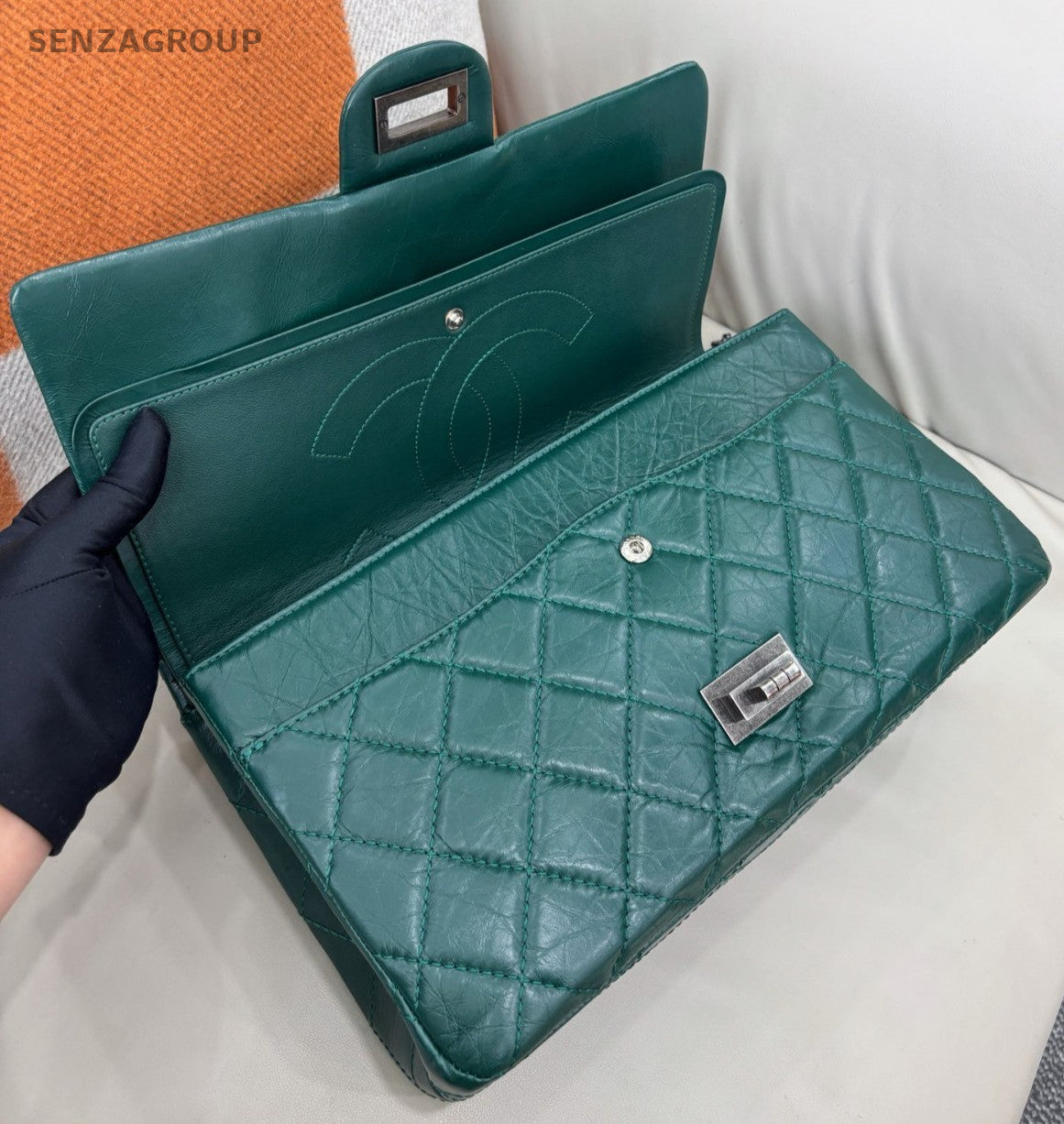 Chanel Diamond GM Chain Shoulder Bag Green Silver Used Women Classic