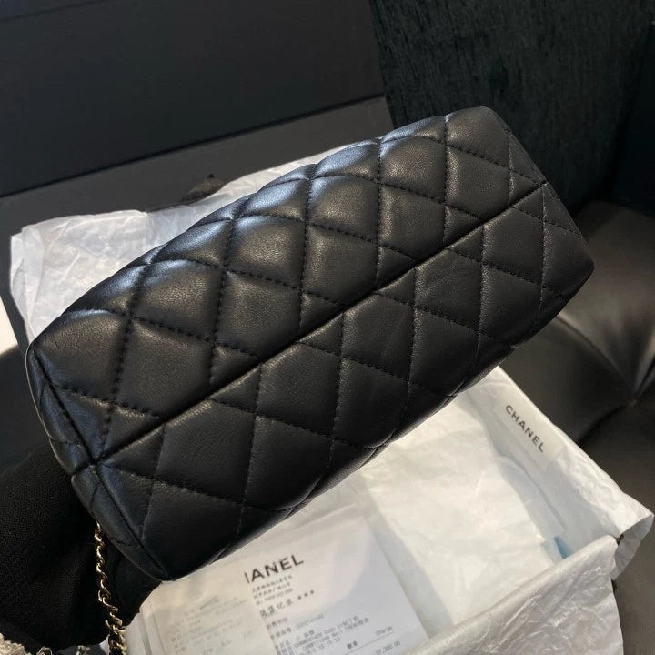 Chanel Clutch With Chain Calfskin Top Handle Crossbody Black Gold Women D