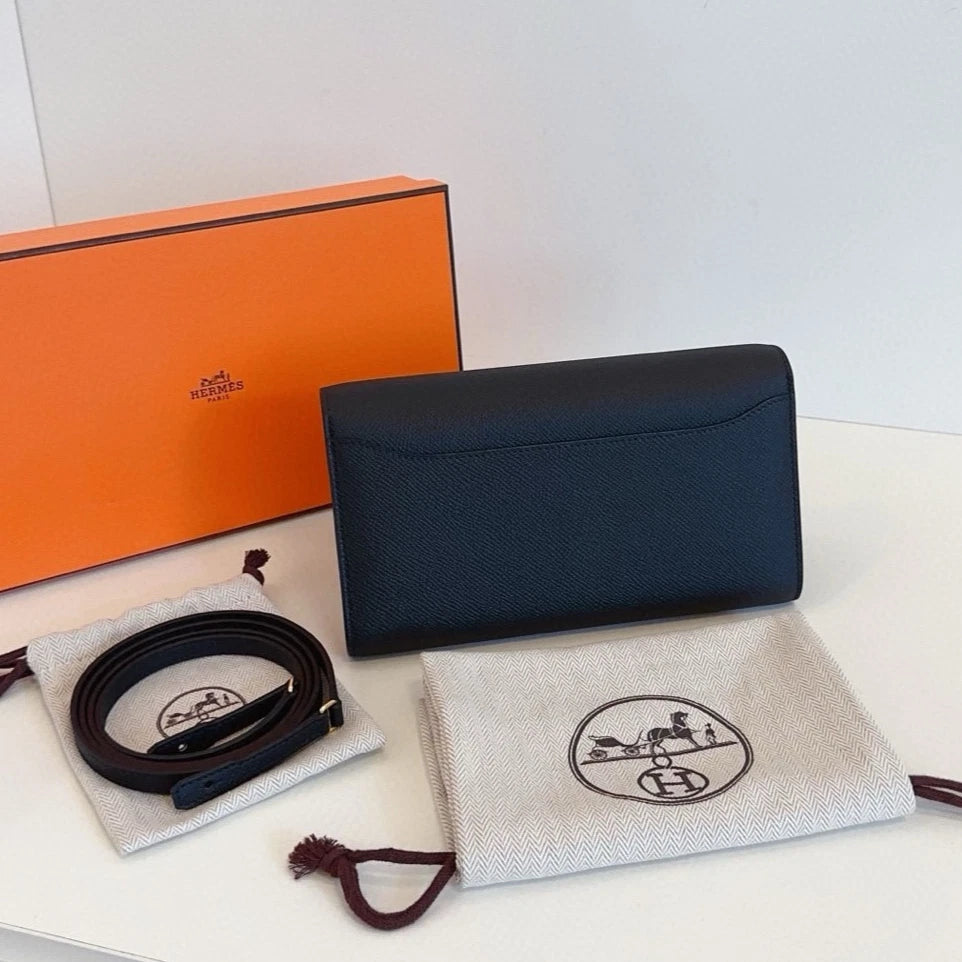 Hermes Constance Togo Clutch Shoulder Bag Black Gold Women Classic Fashion