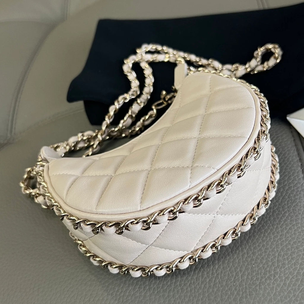 Authentic Chanel Hobo MINI Chain Shoulder Crossbody Bag White Gold Hardware