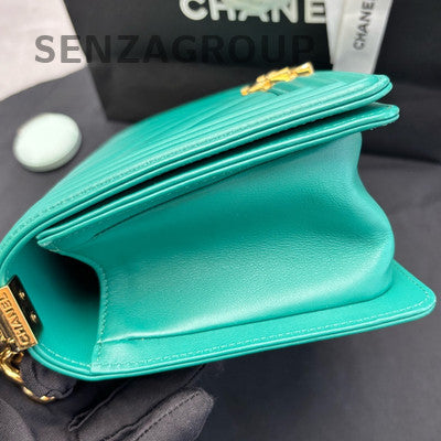 Chanel Le Boy Medium V-Stitch Chain Shoulder Bag Green Gold Clasp