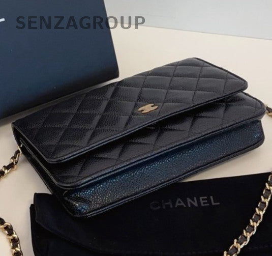 Chanel WOC Chain Shoulder Bag Crossbody Black Gold Women Diamond Classic