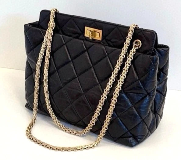 CHANEL 2.55 Black Gold Oil wax leather Shoulder Handbag Classic Small - Pre-Owned