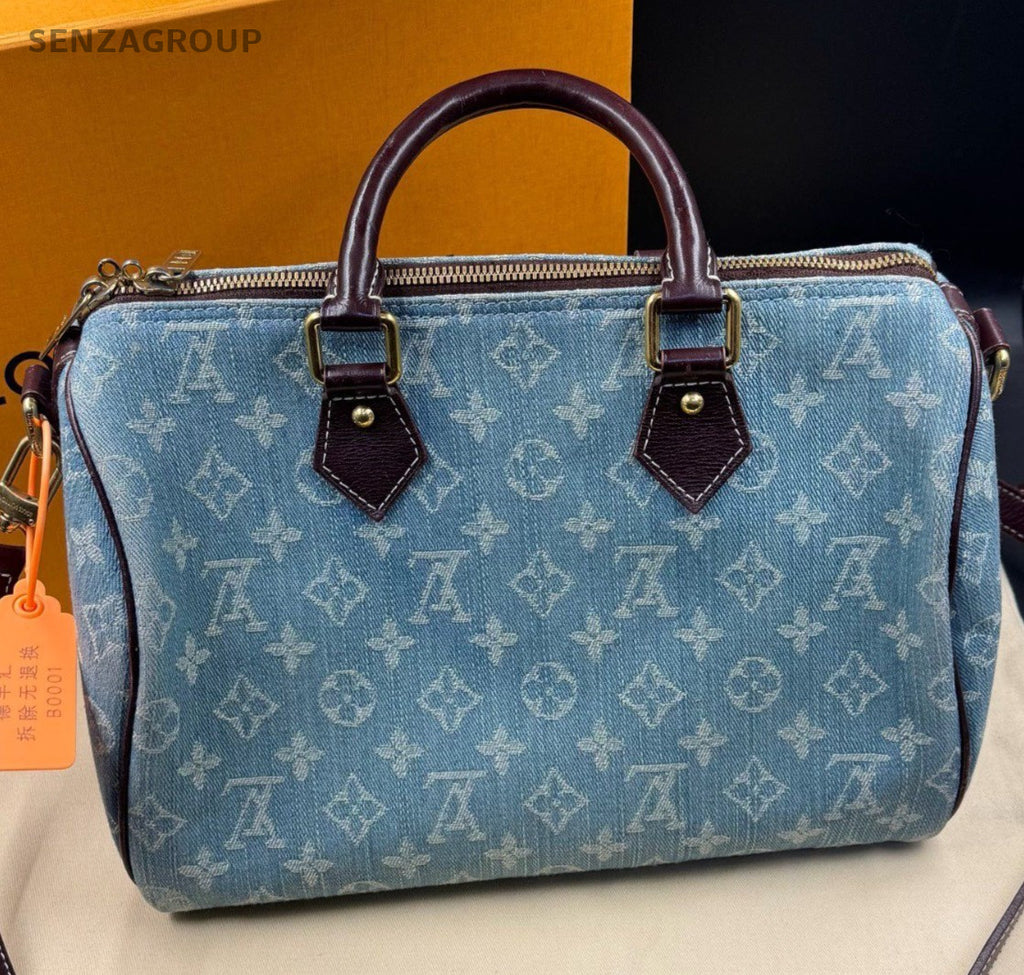 Louis Vuitton Speedy Denim Monogram Top Handle Bag Crossbody Blue Women Vintage