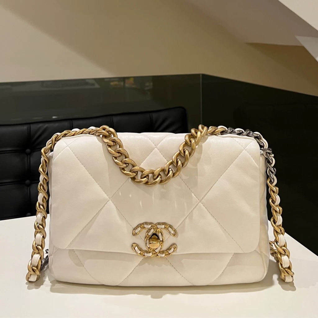 CHANEL 19 Flap Bag PM White Chain Shoulder Crossbody Bag Women Classic