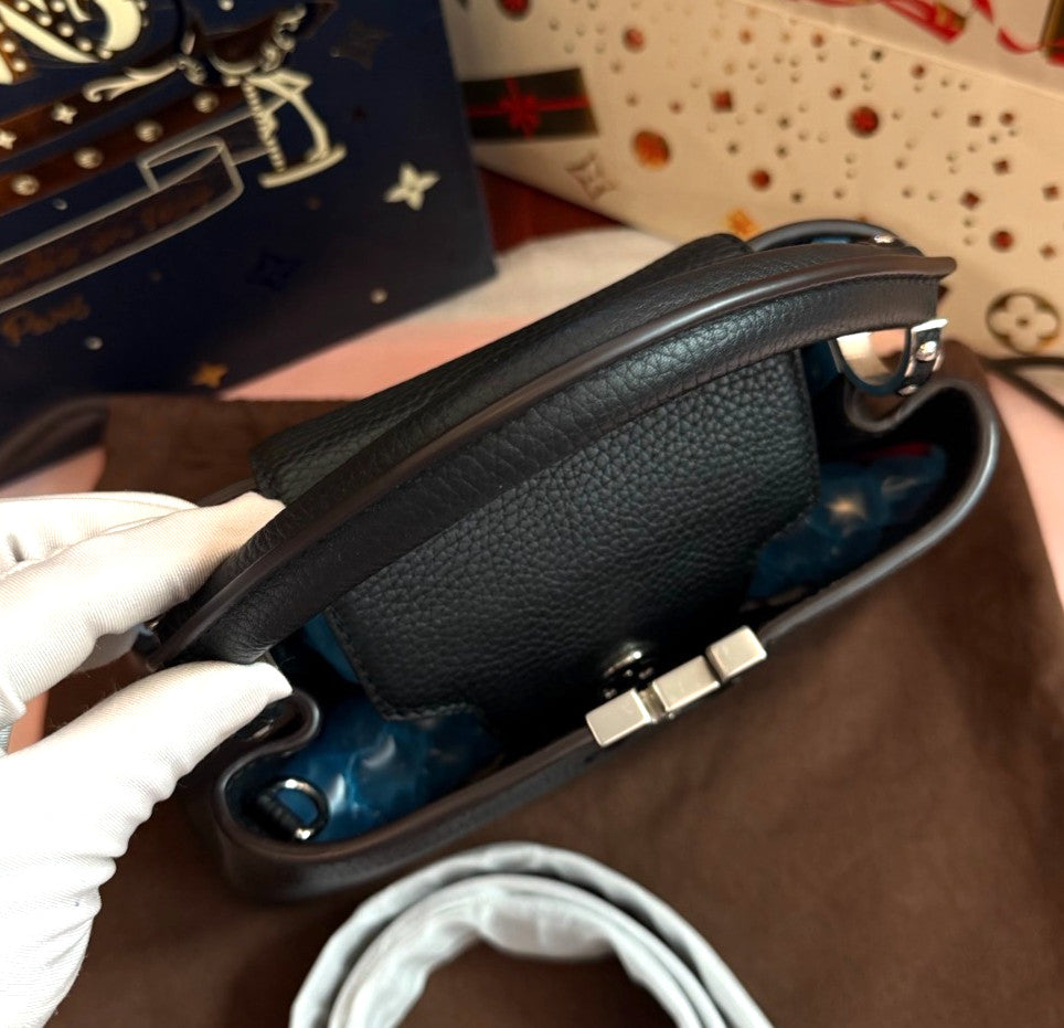 Louis Vuitton Capucines BB Calfskin Top Handle Bag Crossbody Black Silver Women