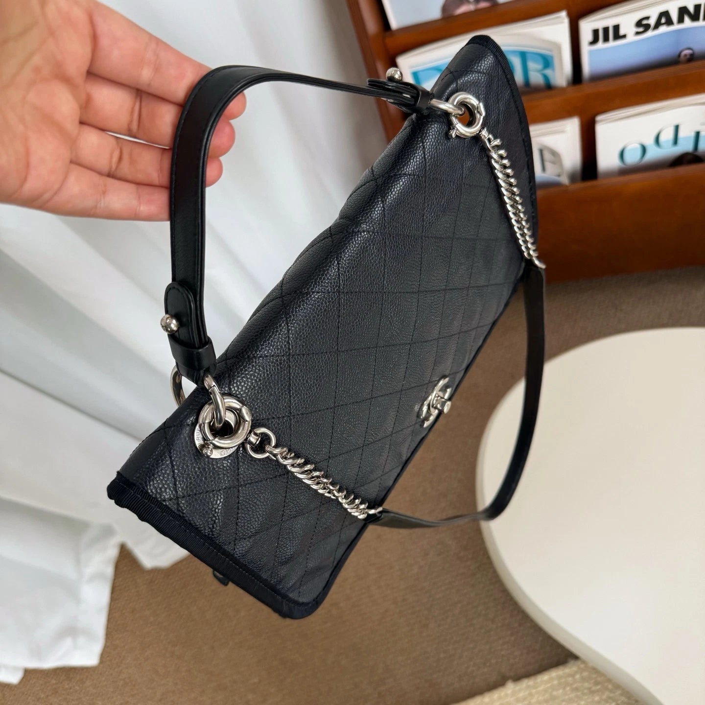 Chanel Classic Flap With Top Handle Chain Shoulder Bag Black Silver Women