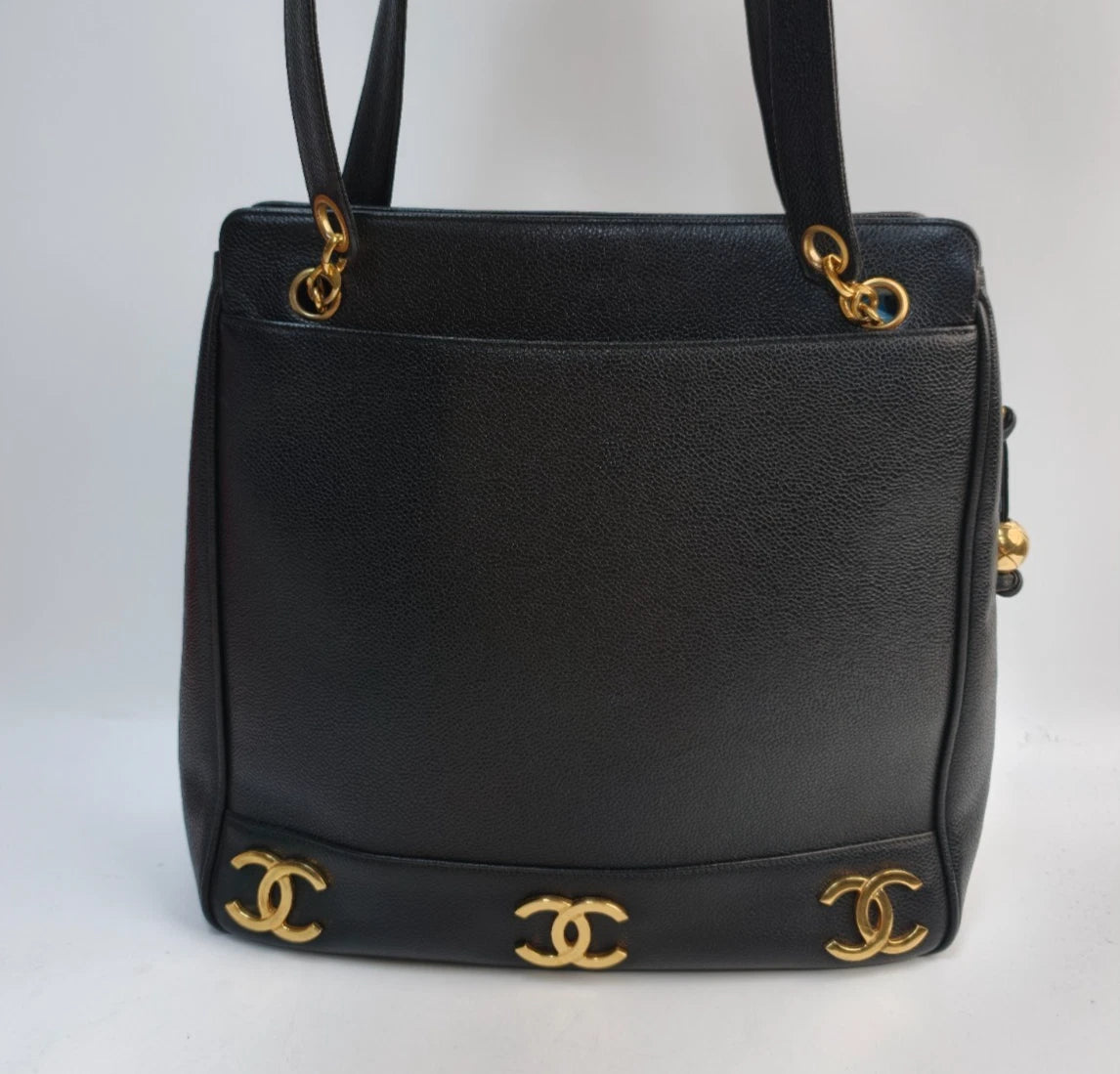 Chanel Vintage Tote Bag Shoulder Bag Black Gold Hardware Women Classic