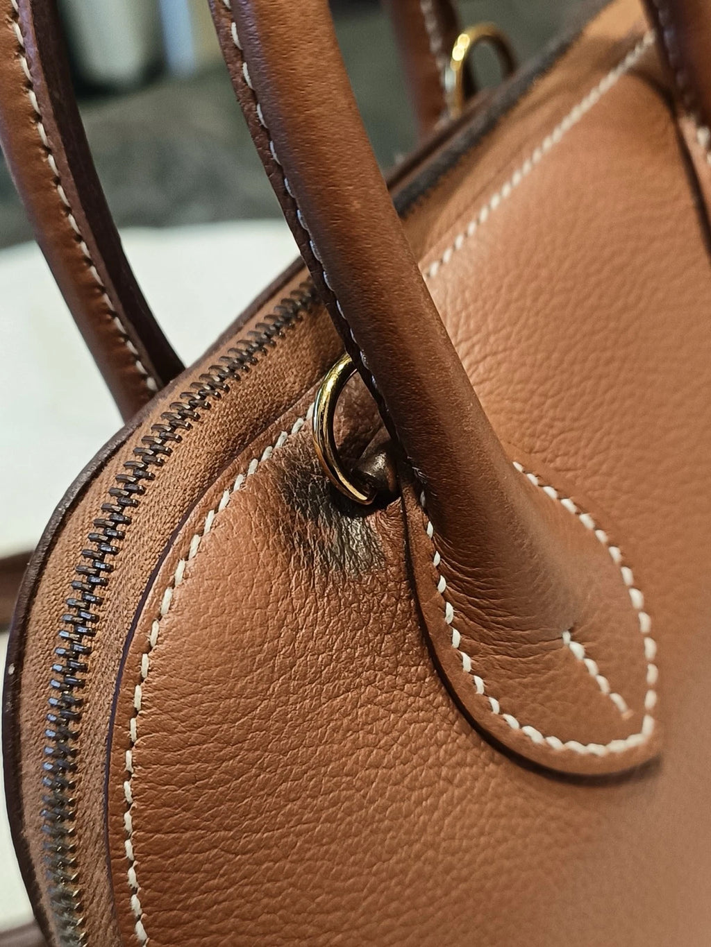 Hermes Bolide Mini Evercolor Leather Top Handle Crossbody Brown Gold Women