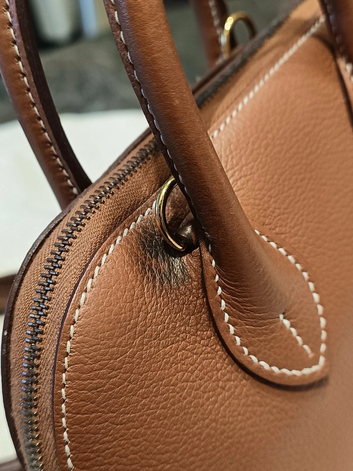 Hermes Bolide Mini Evercolor Leather Top Handle Crossbody Brown Gold Women