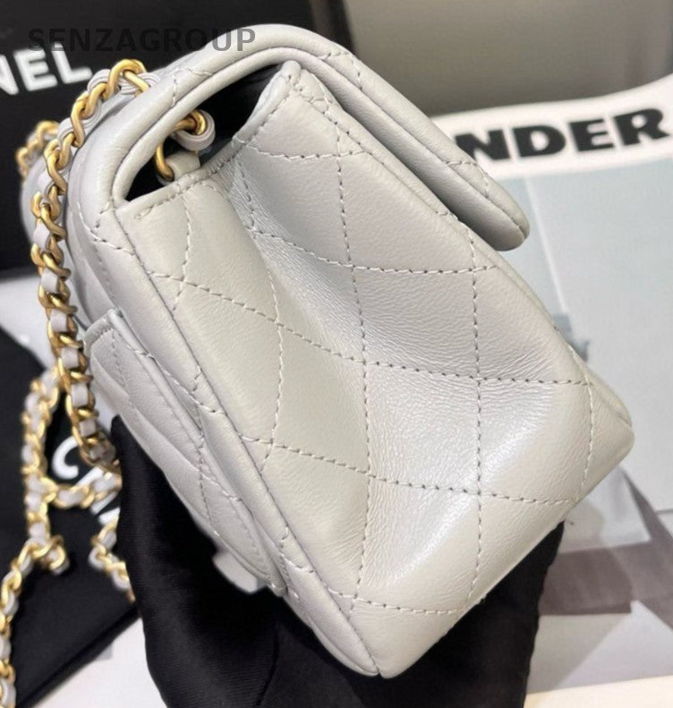 Chanel 24K Chain Shoulder Bag Crossbody Gray Gold Women Diamond