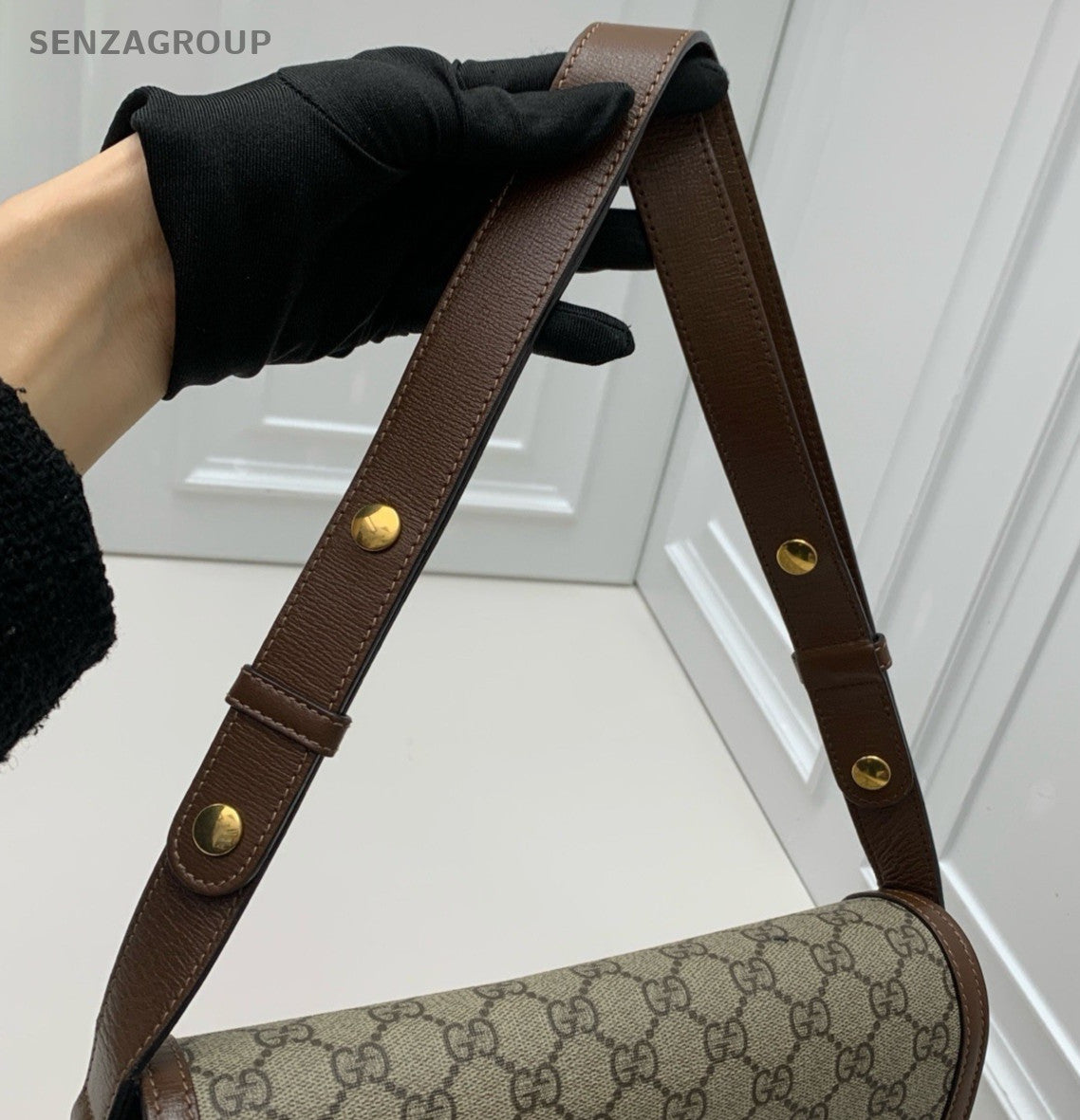 Gucci Horsebit1955 MM Ophidia Saddle Shoulder Bag Brown Gold Women Classic