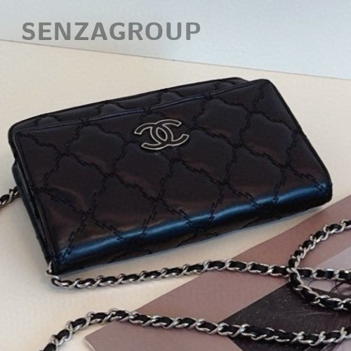 Chanel Calfskin Chain Crossbody Shoulder Bag Black Silver Women Classic