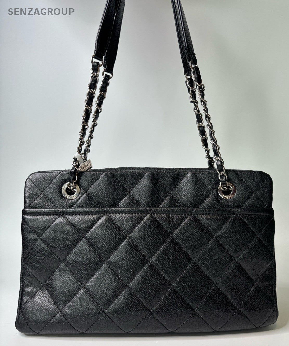 Chanel GST CC Logo Chain Calfskin Tote Shoulder Bag Black Silver Women Classic