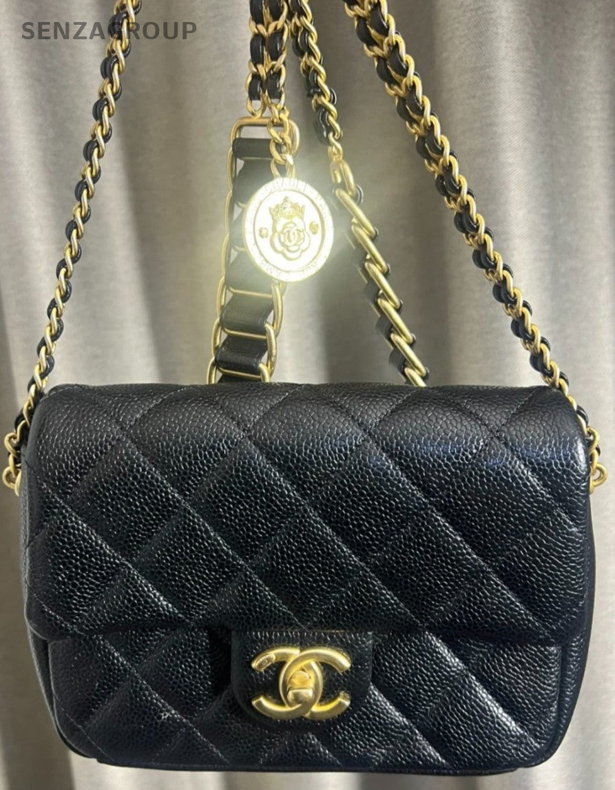 Chanel Classic 21k Chain Shoulder Bag Black Gold Women Diamond Pattern