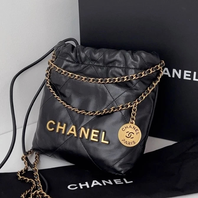 Excellent Chanel 22Bag Mini Gold Chain Black Handbag Shoulder Bag Crossbody