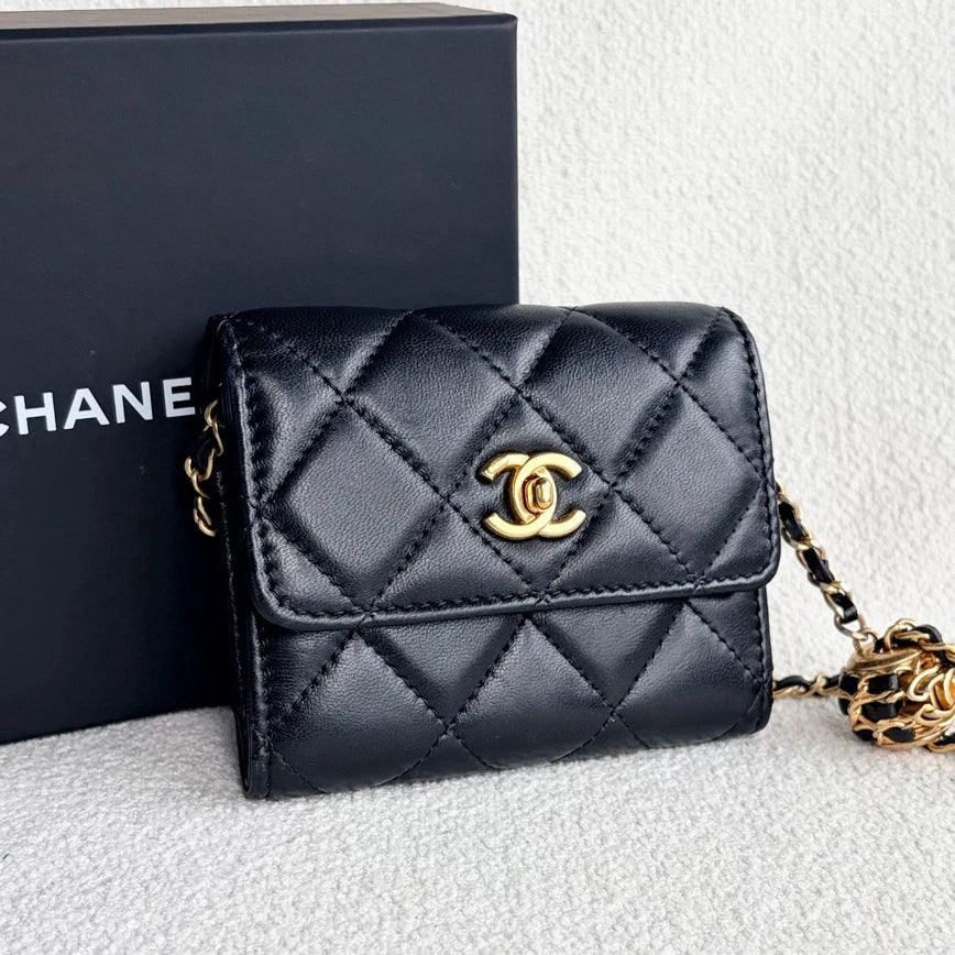Chanel WOC Mini Chain Lambskin Crossbody Black Gold Women Classic