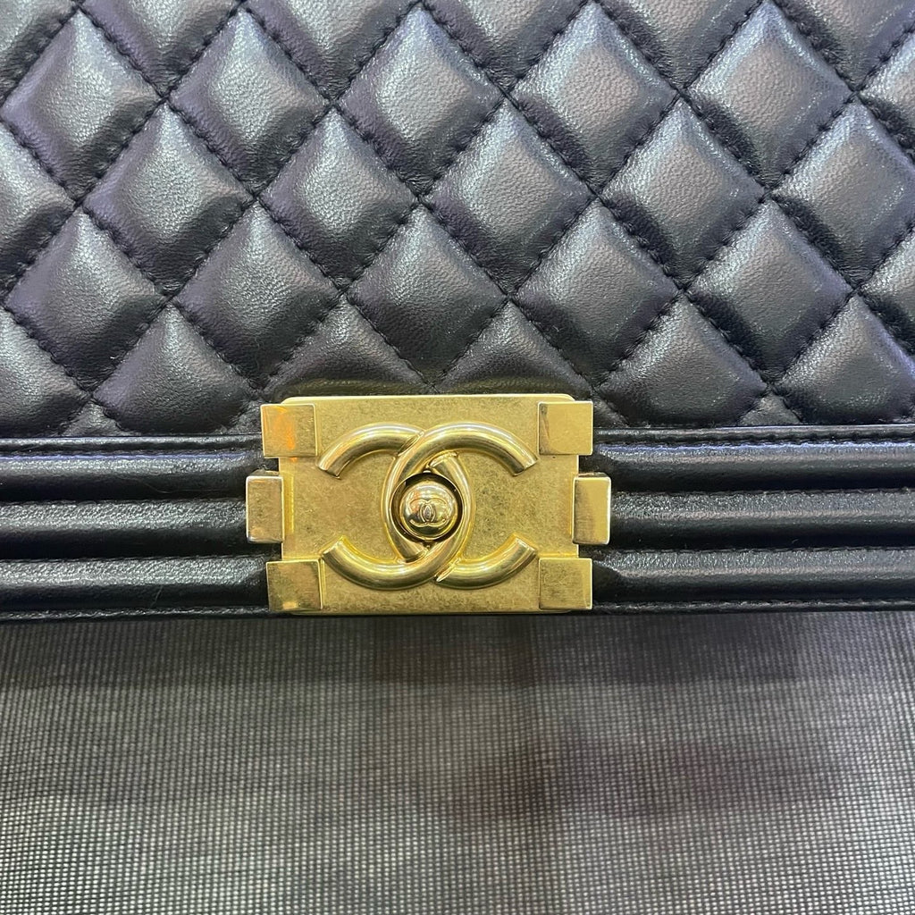 Chanel Leboy MM Lambskin Chain Shoulder Bag Crossbody Black Gold Women Classic