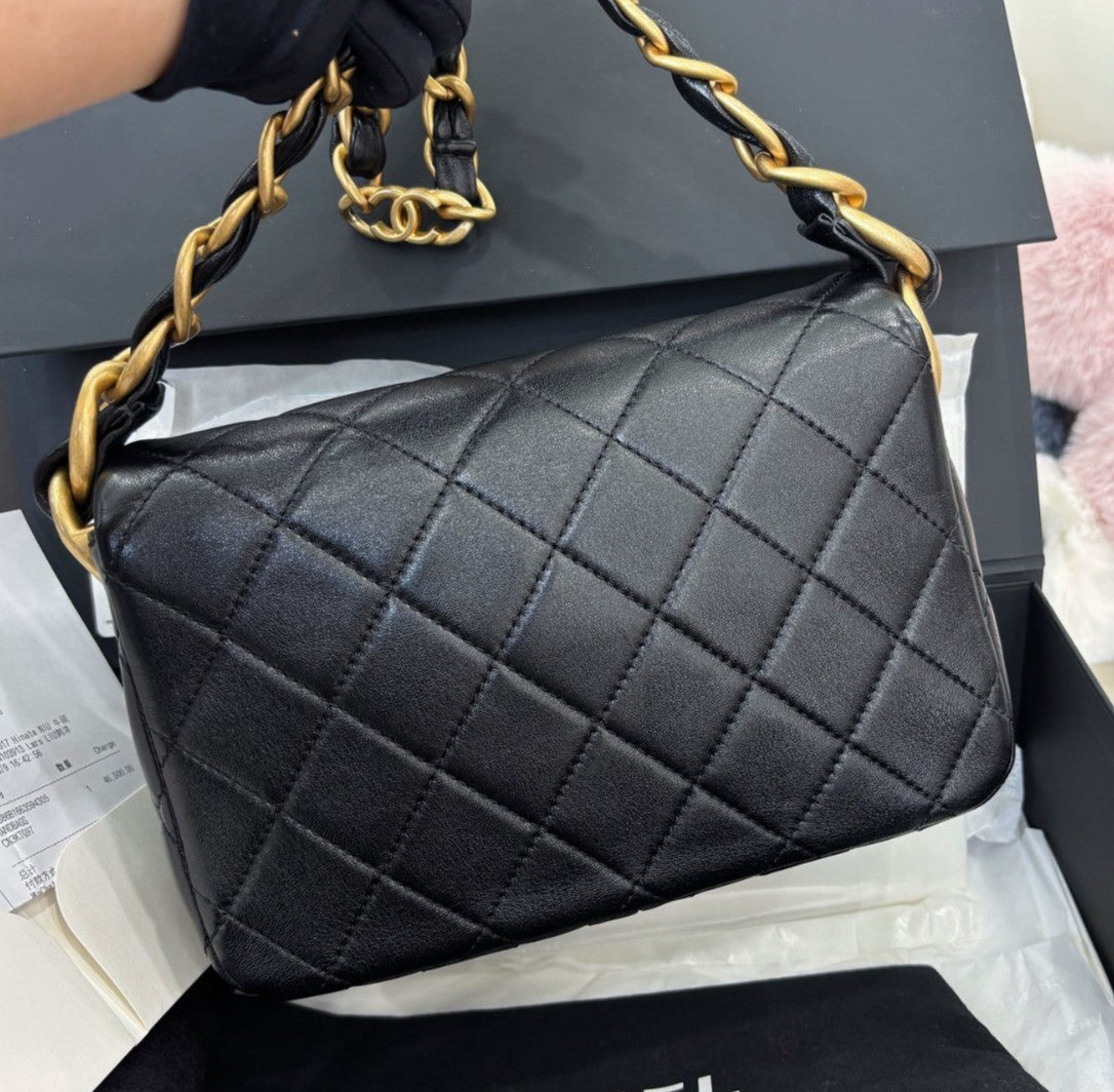 Chanel Diamond Lambskin Chain Shoulder Bag Black Gold Women Classic Fashion