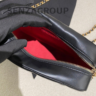 Chanel Quilted Caviar Camera Bag with Pearl Chain Black Gold Crossbody