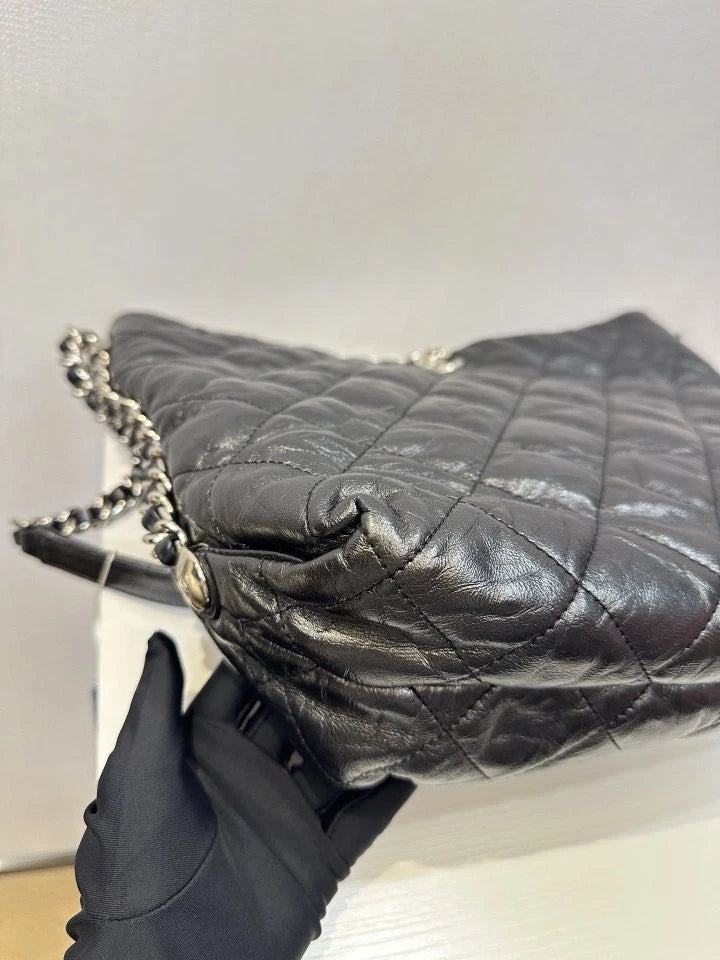 CHANEL Black Silver Oil Wax Leather Hobo Shoulder Bag For Women