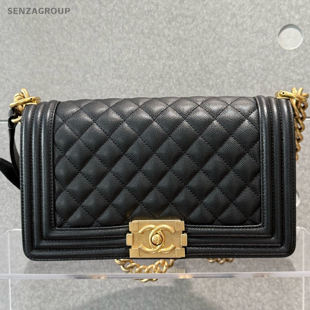 Chanel Black Caviar Leather Le Boy Medium Chain Shoulder Bag Classic Women