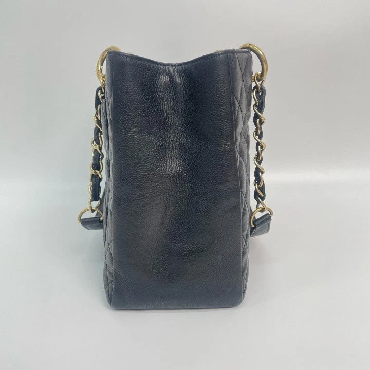 CHANEL GST Medium Black Gold Leather Tote Bag For Women