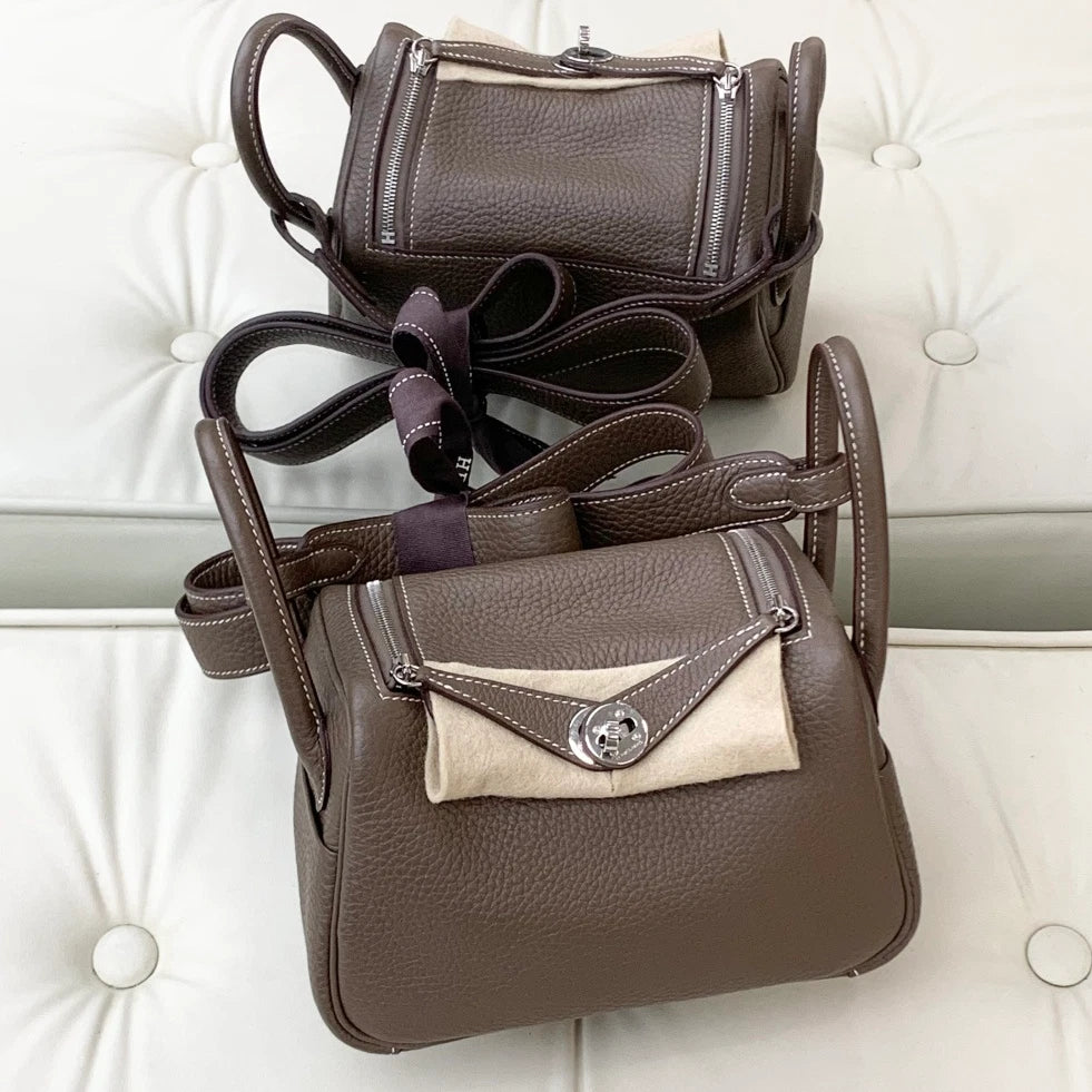 Hermes Lindy Mini Calfskin Top Handle Shoulder Crossbody Bag Gray Silver Women S