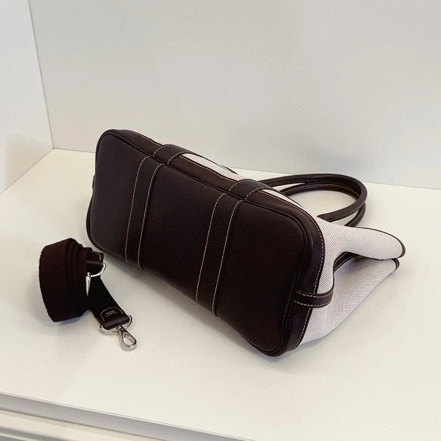 Hermes Garden Party30 Top Handle Shoulder Bag White Brown Silver Women Classic