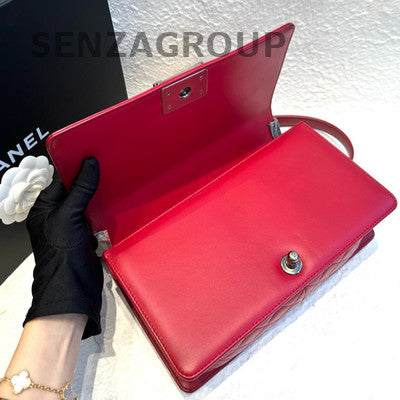 Chanel Medium Le Boy Red Silver Quilted Chain Shoulder Bag Classic Women