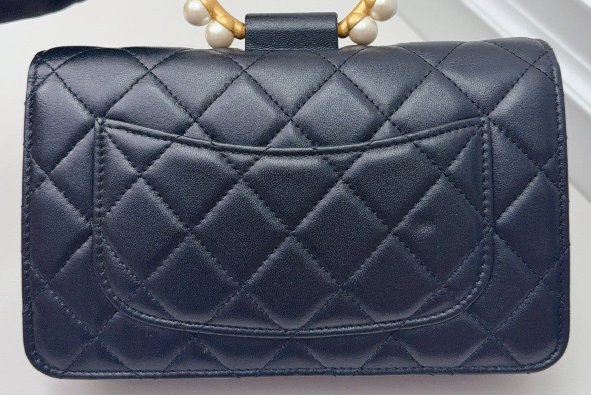 Chanel WOC Pearl Hand Strap Top Handle Chain Crossbody Black Gold Women Classic