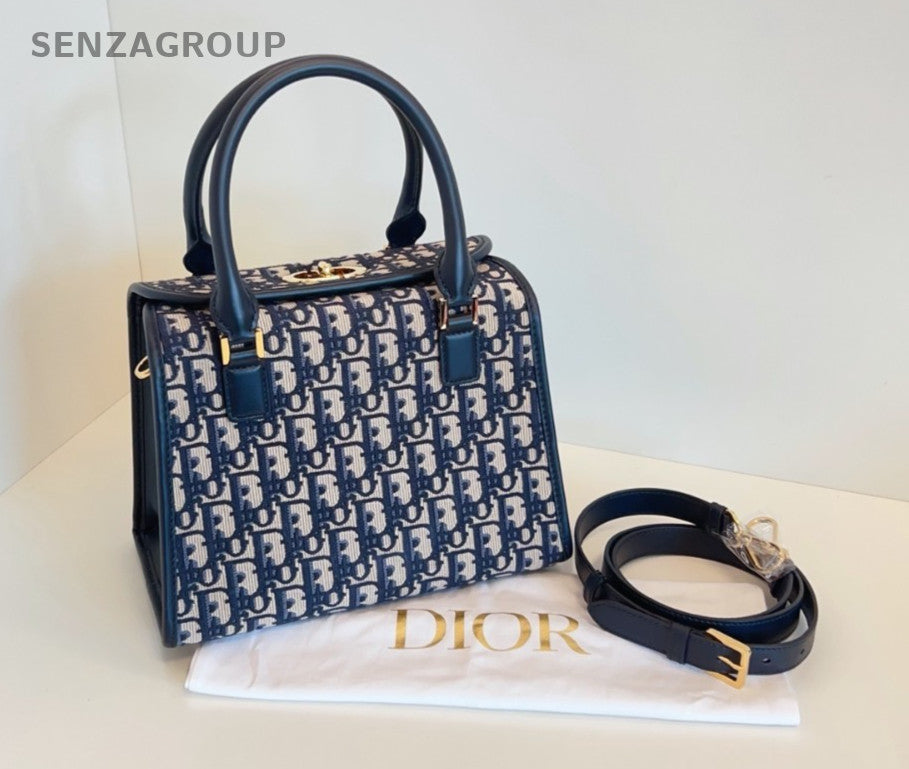 Christian Dior Boston Monogram Top Handle 2way Shoulder Handbag Blue Gold Women