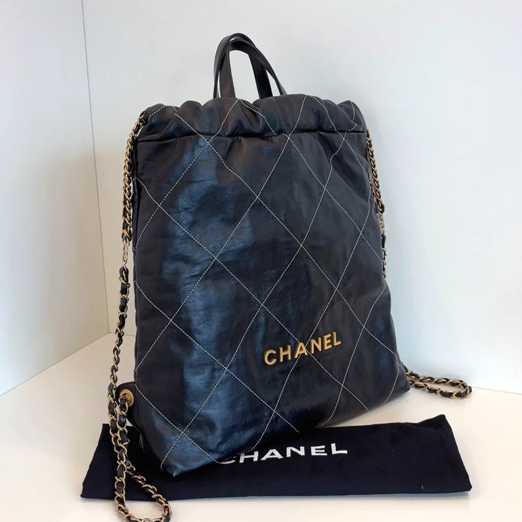 Chanel 22Bag Chain Backpack Black Gold Diamond Women Classic