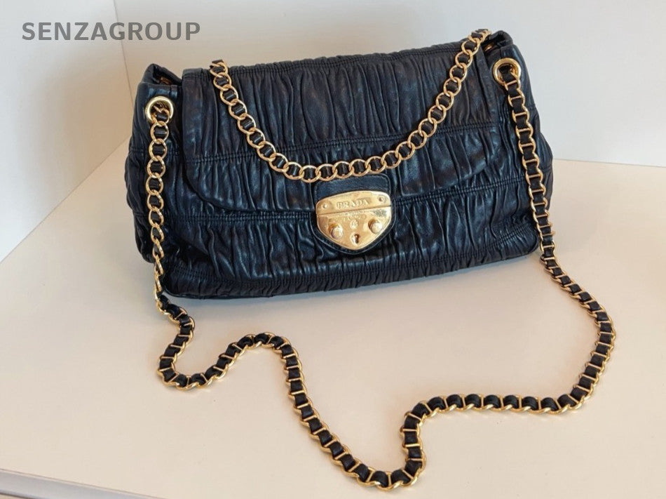 PRADA XXL Hobo Wrinkled patterns Chain Shoulder bag Black Gold Women