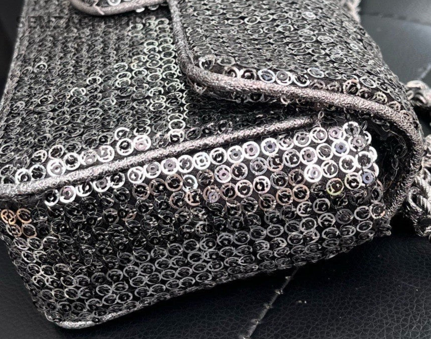Chanel Classic Flap Chain Shoulder Bag Paillette Silver Women Designer