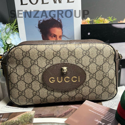 Gucci Tiger Head Camera Bag Brown Gold Buckle Crossbody Shoulder Bag