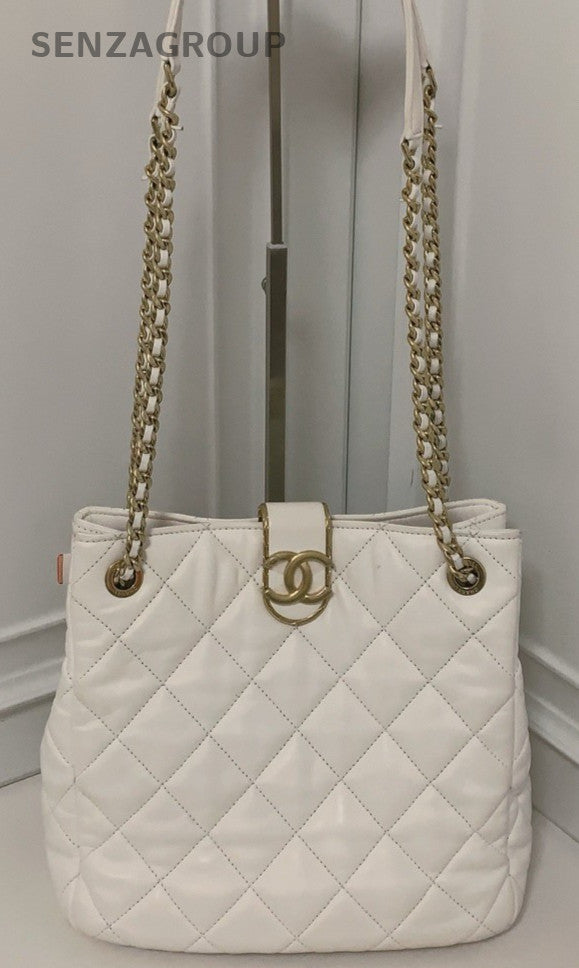 Chanel Lambskin PM Chain Shoulder Bag White Gold Used Women Designer Classic