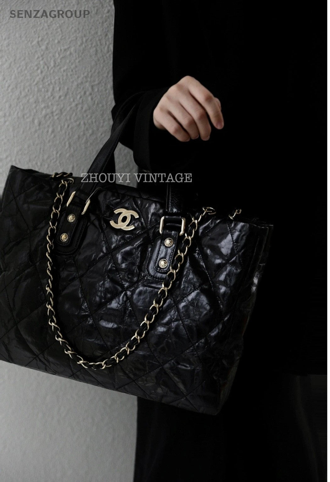 CHANEL Hobo Oil waxed leather Tote 2WAY Chain Shoulder Handbag Black Women